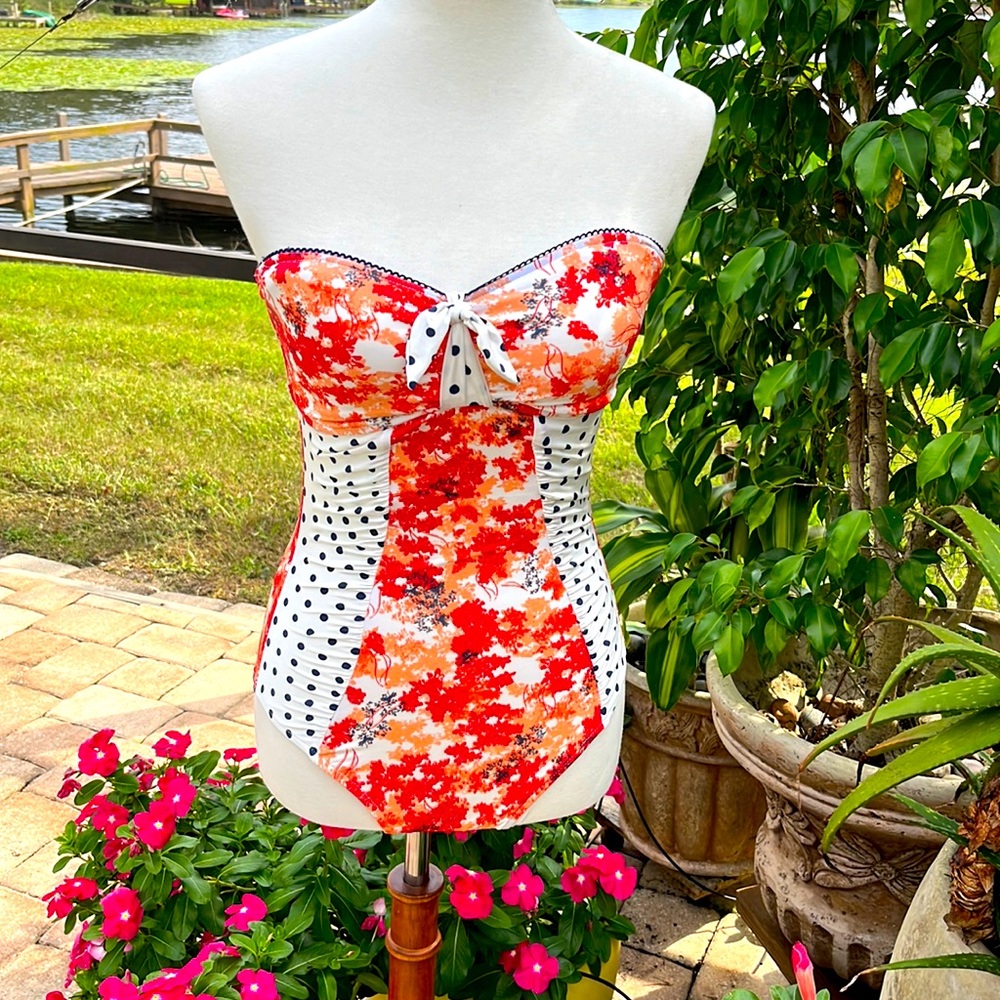 Bandeau One piece Swimsuit Blue & White Polka Dot with Coordinating Print Front